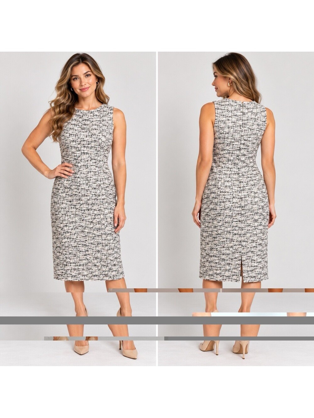 LOFT Tweed Midi Sheath Dress Size 14 Black White Boucle Sleeveless Quiet Luxury